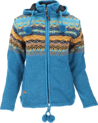 Produktbild von Kuschelige Gefütterte Strickjacke, Damenjacke, Wolljacke, Nepaljacke - Blau/curry, Wolle, Größe: XL