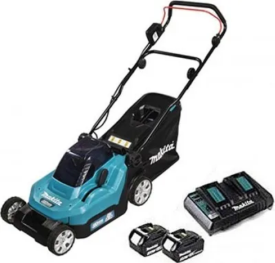 Zdjęcie produktu dla Makita DLM432PT2, Kosiarka do trawnika typu push, 575 m², 43 cm, 2 cm, 7,5 cm, Ostrza obrotowe