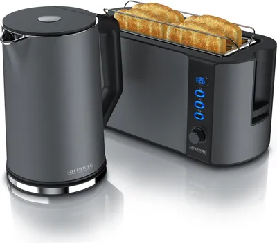 Produktbild von Arendo 2-teiliges Frühstücksset - Edelstahl Wasserkocher 1,5l, 4-Scheiben Langschlitz Toaster, Grau