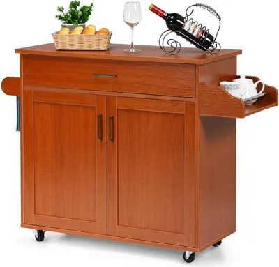 Image de Chariot de cuisine - Îlot de cuisine sur roulettes - Avec tiroir - Étagère réglable en hauteur - Bois - Marron