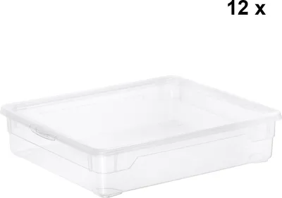 A clear plastic storage box with a lid, shown from a slightly elevated side angle against a white background.