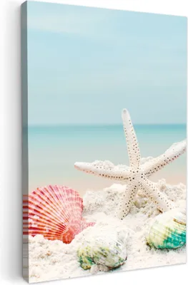 Produktbild von MuchoWow® - Leinwandbilder - Strand - Seesterne - Muscheln - Meer, Wandbild, Wanddeko Bilder Wohnzimmer, 80x120 cm