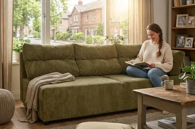 Produktbild von Schlafsofa KIMO Ramona – mit Schlaffunktion, Chenille-Stoff in Grün, Family Meble, KI-generiertes Bild