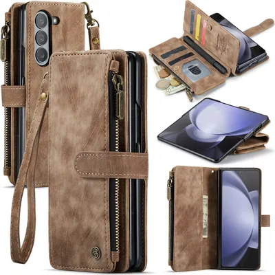 Collage of images showing a brown leather wallet-style phone case for a Samsung Galaxy Z Fold 5, with various angles and details.