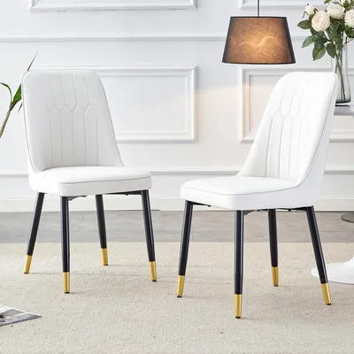 Produktbild von Weiße Esszimmerstühle 2er Set moderne Polsterstühle aus Kunstleder bequeme Küchenstühle mit ergonomischer Rückenlehne und schwarzen Metallbeinen