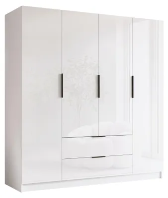 Produktbild von MIRJAN24 Kleiderschrank Sofia I 200, Schlafzimmer, Drehtürenschrank, mit Kleiderstange, Modern, Garderobenschrank, Metallgriffe (Farbe: Weiß / Weiß Hochglanz + Schwarz)