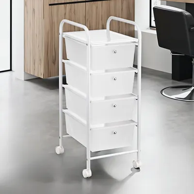 Produktbild von Badregal Rollwagen Rollcontainer GINA, mit 4 transparenten Schubladen und Metallgestell in weiß