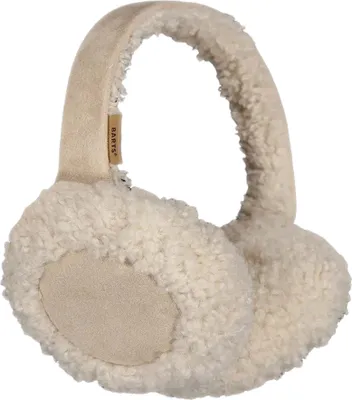 A pair of cream-colored earmuffs with a beige suede accent and a brand tag.