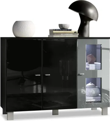Produktbild von Vladon Sideboard Denjo, Germany, Kommode mit 3 Türen, Schwarz matt/Schwarz Hochglanz/Grau Hochglanz, inkl. LED-Beleuchtung (107 x 81 x 35 cm)