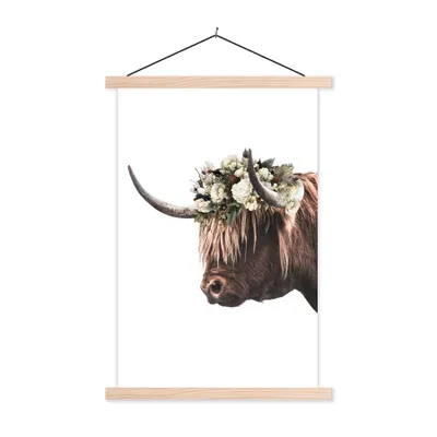 Produktbild von MuchoWow® Textilposter Schottischer Highlander - Blumen - Weiß 60x90 cm mit holzfarbenen Rahmen - Textil