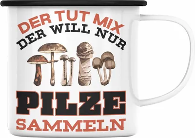 Produktbild von Trendation - Pilzsammler Geschenk Emaille Tasse Pilze Sammeln Emaille Emaille Tasse Geschenkidee Pilzsucher Pilzliebhaber Sprüche (Schwarz)