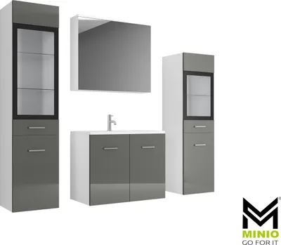 A set of modern bathroom furniture including a tall cabinet, a vanity with a sink, and a wall cabinet with a mirror.