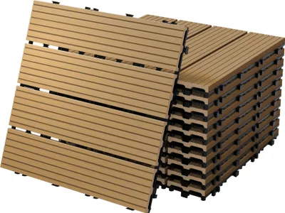 Produktbild von ECD Germany WPC terasové dlaždice, 30x30 cm, 11dílná ekonomická sada na 1m², teakové dřevo, pro zahradní balkonové podlahy s drenáží a systémem click