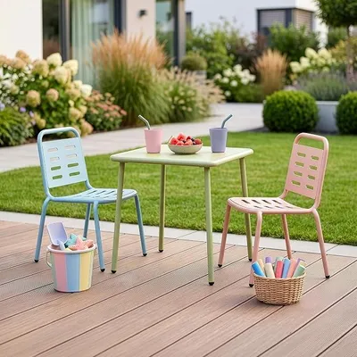 Productafbeelding van Kinderspeelset Etroubles: Kindertafel met 2 stoelen. Kindertafel, kinderstoel, zitgroep, geschikt voor binnen en buiten, tuinmeubilair, voor kinderen, kindermeubels, kinderspeelset, staal, meerkleurig