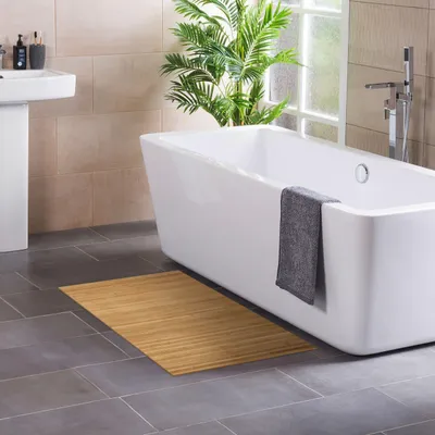 Produktbild von DE-COmmerce Bambus Badteppich LINES Gold 40x50cm – Bambus Badematte / Badvorleger, hygienisch & pflegeleicht, fußwarm, für Fußbodenheizung