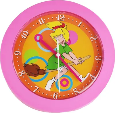A pink wall clock with a cartoon character on it.