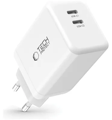 Imagen del producto de Cargador de red Tech-Protect Nc45W-Gan, blanco, con 2 puertos y tecnología PD 45W