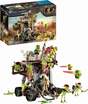 A Playmobil Novelmore set is shown, with the product packaging in the upper left and the assembled toy in the foreground.