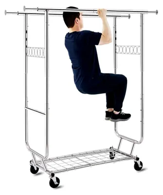 Produktbild von Doppelter Kleiderständer für Profis, bis 272 kg belastbar, Schwerlast-Kleiderstange mit Rollen, Industrie-Design, Garderobenständer mit 2 Kleiderstangen und Ablage