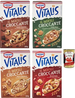 Produktbild von Cameo Vitalis Muesli Croccante Testpaket, Müsli knusprige mit ganzen Haferflocken , 4x 310 g + Italian Gourmet polpa 400g