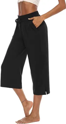 Produktbild von ASKSA Damen 3/4 Hose Caprihose Weites Freizeithosen Jogginghose Loose Yoga mit Taschen, Schwarz, XL