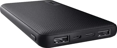 A black power bank is shown from a diagonal angle against a white background.