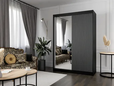 Produktbild von Kleiderschrank Lili mit Lamellen 200 cm inklusive 2 Schiebetüren Schwebetürenschrank Kleiderstange Garderobe Schrank Lieferung bis in die Wohnung (Farbe: schwarz, weiß, Lamelle schwarz, Spiegel)