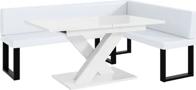Produktbild von MEBLINI Eckbank für Esszimmer mit ausziehbarem Tisch  - Küchenbank - Essecke - Sitzecke Küche - TONI - U-Beine 142x196x87cm Rechts - Weiß Kunstleder/B Weiß Hochgl.