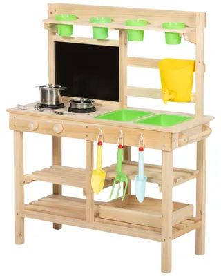 Produktbild von Matschküche Kinder Outdoor, Spielküche aus Holz mit Spüle Herd Pflanztöpfen Tafel für 3-6 Jahre 77x32x95 cm Naturholz