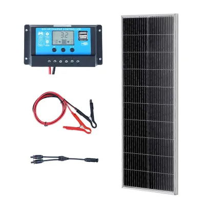 Zdjęcie produktu dla zestaw paneli słonecznych 100 W z monokrystalicznym modułem słonecznym 12 V - Zawiera regulator ładowania 8,33 A - System solarny o współczynniku konwersji 23% - Kompatybilny z akumulatorami AGM, GEL, FLD i LI - Idealny do kamperów, jachtów i domu
