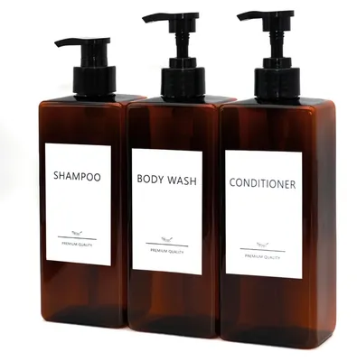 Produktbild von 3 nachfüllbare Shampooflaschen, 500-ml-Duschgelspender, Shampoospender für Dusche und Bad, Pumpspender, Lotionspender mit 6 wasserfesten Etiketten – braun