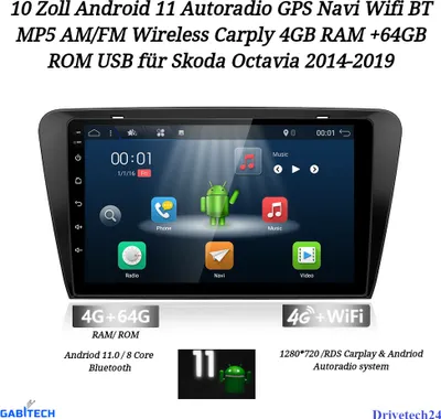Produktbild von 10 Zoll Android 11 Autoradio GPS Navi Wifi BT MP5 AM/FM Wireless Carply 4GB RAM +64GB ROM USB für Skoda Octavia 2014-2019