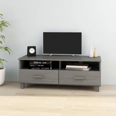 Image de Tablette TV "Postfeld" en pin massif, MDF gris clair. Dimensions (L/H/P) 106x40x40 cm