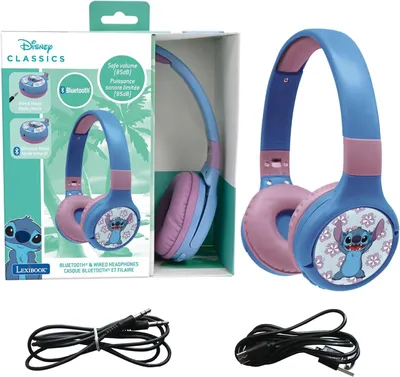 Obrázok produktu pre Detské slúchadlá Disney Stitch 2 v 1 Bluetooth a kábel, skladacie, nastaviteľné, mikrofón, hlasitosť 85 dB, dobíjateľné, batéria s dlhou výdržou