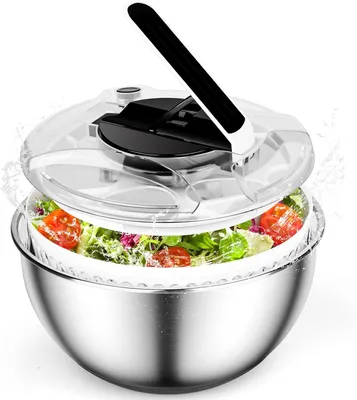 Image de Saladier à salade de 4,5 L, en acier inoxydable, avec bouton d'arrêt, compatible lave-vaisselle, pour la cuisine