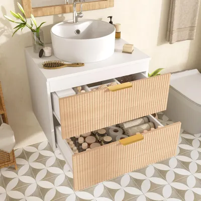 Zdjęcie produktu dla Szafka pod umywalkę o szerokości 60 cm, montowana na ścianie, umywalka ceramiczna, wykończenie imitujące drewno, 2 szuflady, blat
