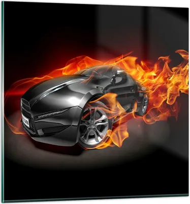 Produktbild von Bilder auf glas - Sportwagen Feuer Flammen Rauch - 50x50cm - Glasbilder - Wandbilder - Kunstdruck - zum Aufhängen bereit - Wanddekoration aus Glas - Glas Bilder - Wandbild auf Glas - GAC50x50-2656
