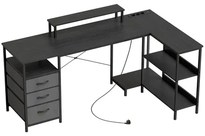 Produktbild von Schreibtisch in L-Form, umkehrbarer Eckschreibtisch mit Schubladen und Regalen, 170 cm, Schwarz