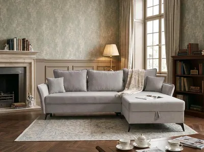 Obrázek produktu pro Rohová sedačka NORDELO s rozkládací funkcí a úložným prostorem, model COSOLETO, rozměry 262x182x100 cm, světle šedá barva, tvar L, materiál: velur BLUVEL