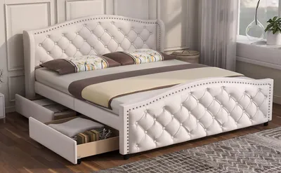 Imagen del producto de Cama tapizada okwish, cama de matrimonio de 160x200 cm, cama infantil con somier, 2 cajones y cabecero con remaches, incluye colchón, color blanco