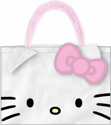 A white Hello Kitty shopping bag with a pink bow and fluffy pink handles.