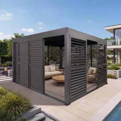 Produktbild von Alu Pergola HWC-L46, Pavillon Terrassenüberdachung, 7x Lamellenpaneel 7x Schiebetüren, 11cm-Gestell, 3x4m  anthrazit
