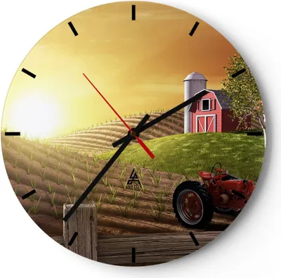 Produktbild von Wanduhr - Rund - Glasuhr - Morgen Bauernhof Feld Plantage - 30x30cm - Schleichendes Uhrwerk - Lautlos - zum Aufhängen bereit - Dekoration Modern - Wanddekoration aus Glas - C3AR30x30-2639