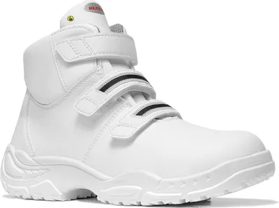A white high-top safety boot with velcro straps.