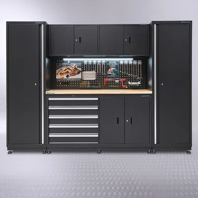 Produktbild von Werkbank 160 cm mit  zwei schmalen Seitenschränken