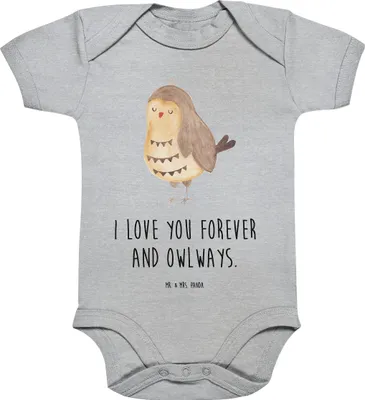 Produktbild von Mr. & Mrs. Panda Strampler Baby Eule Zufrieden 1. - 3. Monat - Heather Grey - Geschenk, Hochzeitstag, overall, Liebesspruch, Liebe Spruch, Owl, baumwoll, Einteiler