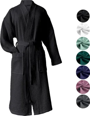 Produktbild von heimtexland ® Bademantel Waffelpique Reisebademantel Saunamantel 100% Baumwolle leicht schnelltrocknend hautfreundlich für Damen und Herren Typ881 Schwarz L