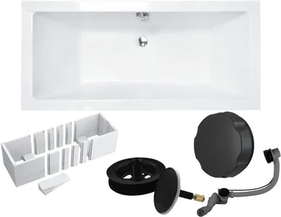 Produktbild von VBChome Acrylbadewanne 180 x 80 cm Weiß mit Styroporträger und Schwarz Siphon - Modern, langlebig und wärmeisolierend, perfekt für das Badezimmer