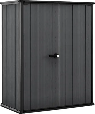 A dark gray storage cabinet with double doors and a black handle.