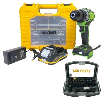 Produktbild von Procraft PA18Pro2-1B-C Akku Bohrschrauber 20 V 30 Nm Brushless + 1x Akku 2,0 Ah + Ladegerät + 32 tlg. Bit Set + Koffer